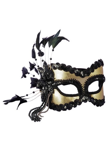 Black and Gold Sequin and Feather Mardi Gras Mask -image