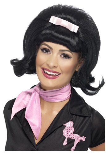 50s Flicked Beehive Black Wig -image
