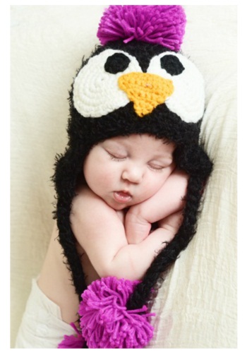 Infant Black Feather Penguin Hat with Pink Accents -image