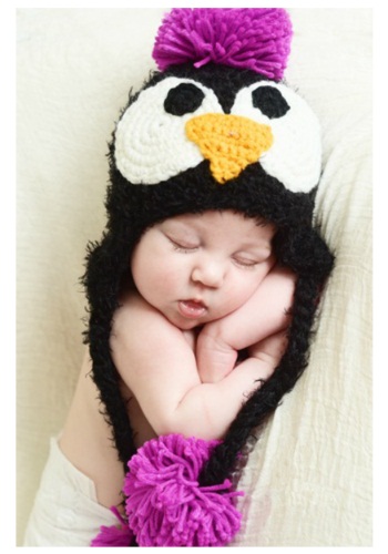 Infant Black Feather Penguin Hat with Pink Accents