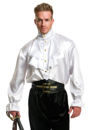 Mens White Satin Ruffle Shirt By: Charades for the 2022 Costume season.