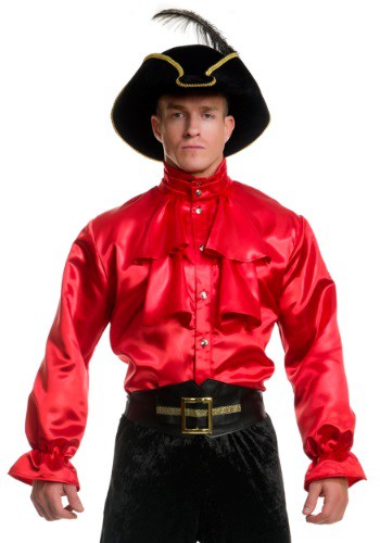 Men's Red Satin Ruffle Shirt By: Charades for the 2022 Costume season.