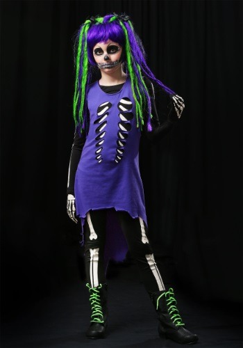 Child Purple Green Skeleton Girl Costume