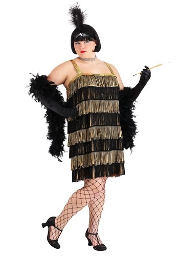 Plus Size Fringe Gold Flapper Costume -image