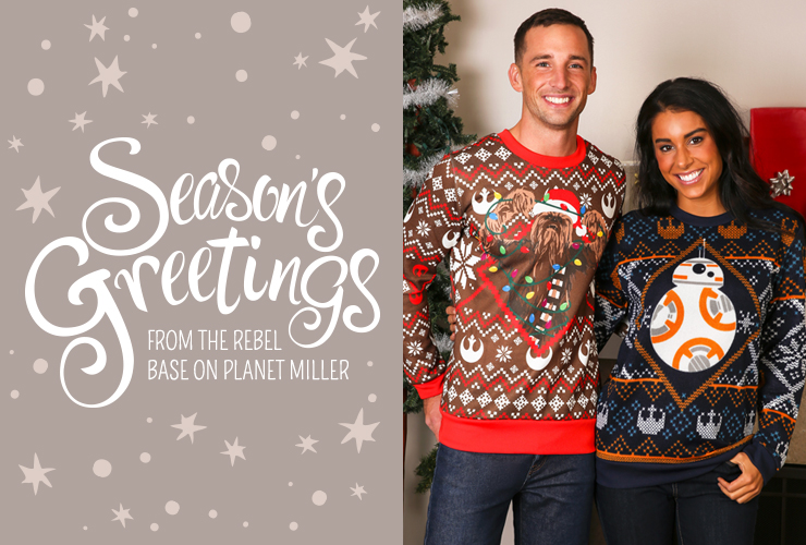 Pop Culture Themed Ugly Christmas Sweater Holiday Card Idea