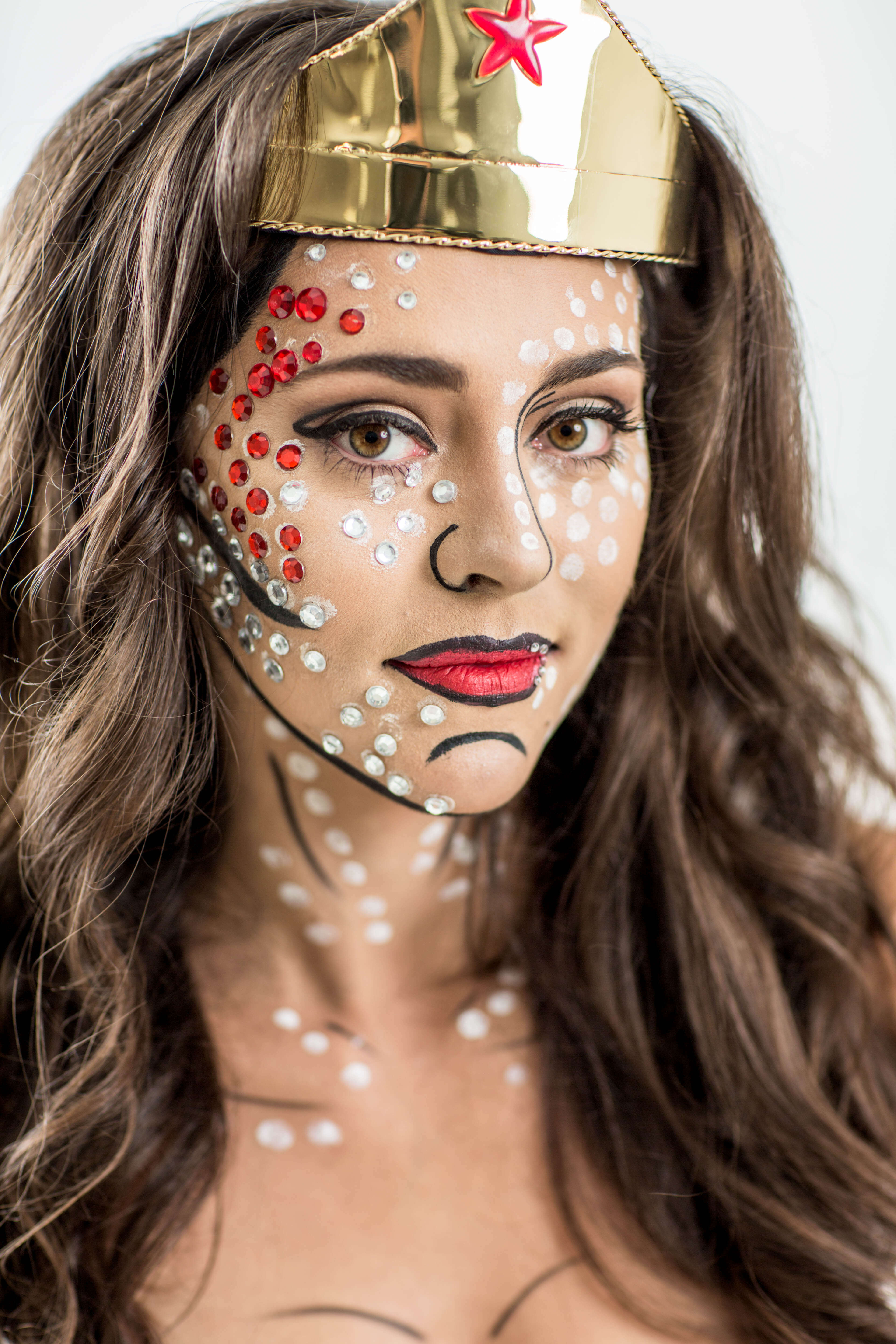 DIY Wonder Woman Costume with Pop Art Makeup Tutorial - HalloweenCostumes.com Blog