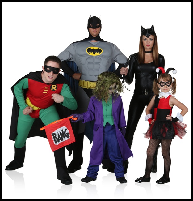Batman, Robin, Cat Woman, Joker, and Harley Quinn