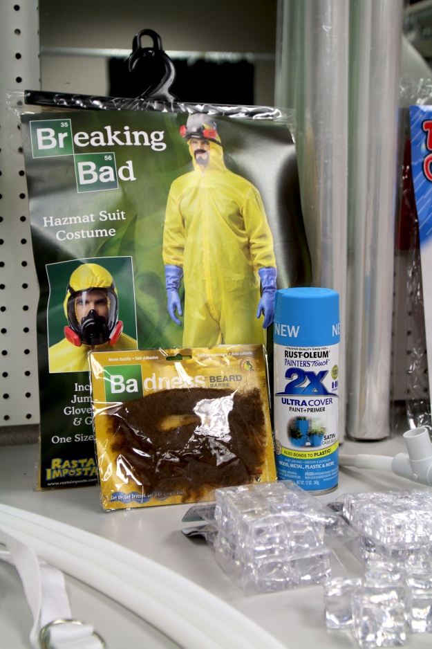 Supplies for DIY Blue Ice Bucket Challenge Costume