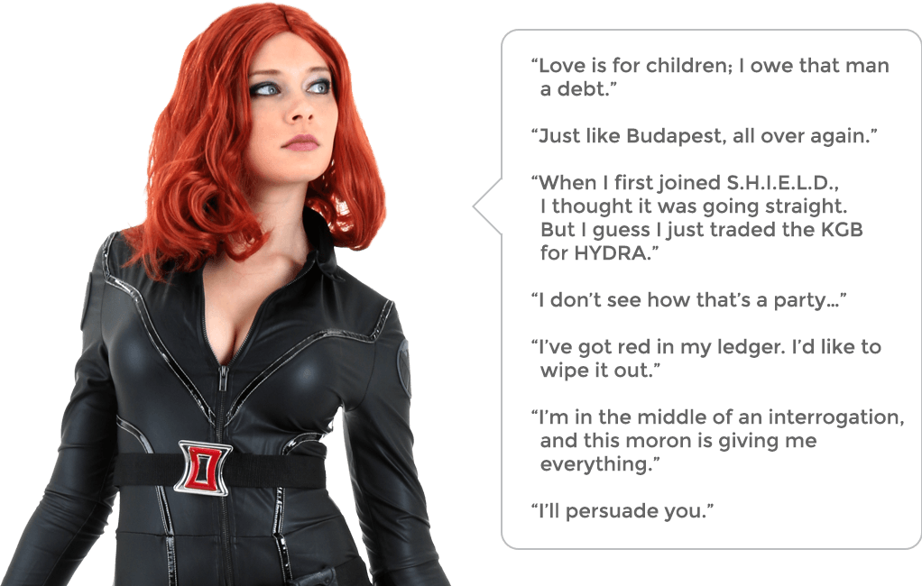 Female Superhero Captions - Black Widow Costumes - Black Widow Costumes for Adults and Kids