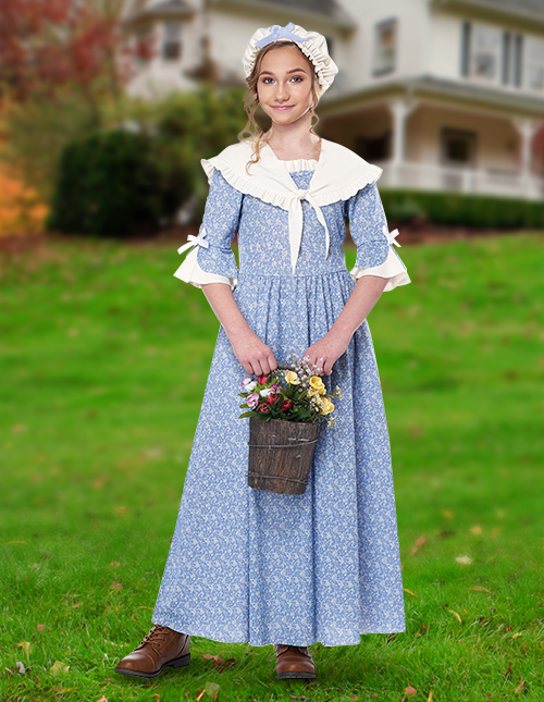 Girl's Colonial Kids Costume Pioneer Dress Shawl Hat Civil War