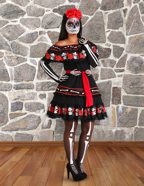 Ladies Day of the Dead Top Hat Skeleton Halloween Sugar Skull Fancy Dress 