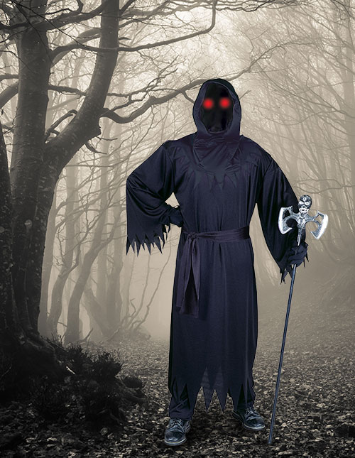 Grim Reaper Halloween Costume with Glowing Red Eyes for Adult, Scythe  Included