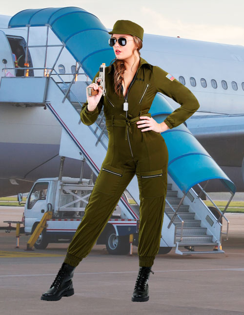 Army Green Pilot Costume Set Adult Jumpsuit Cosplay Flying Party