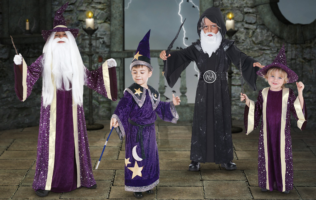 Hicarer 4 Pcs Halloween Wizard Costume Set Include Wizard Hat, Cloak, Wig Beard and Wand, Wizard Costume Accessories for Adults Kids and Teens