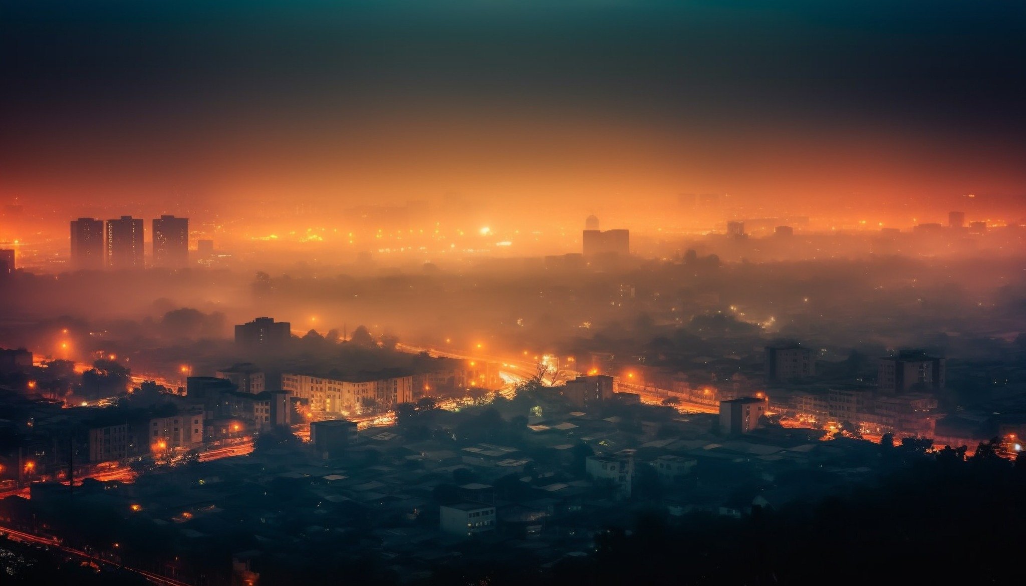 City skyline at night with heavy orange skyglow from light pollution