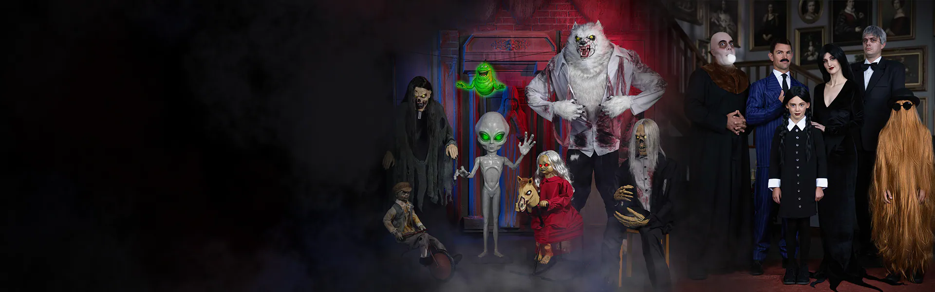 Groups of people in costumes at HalloweenCostumes.com HQ