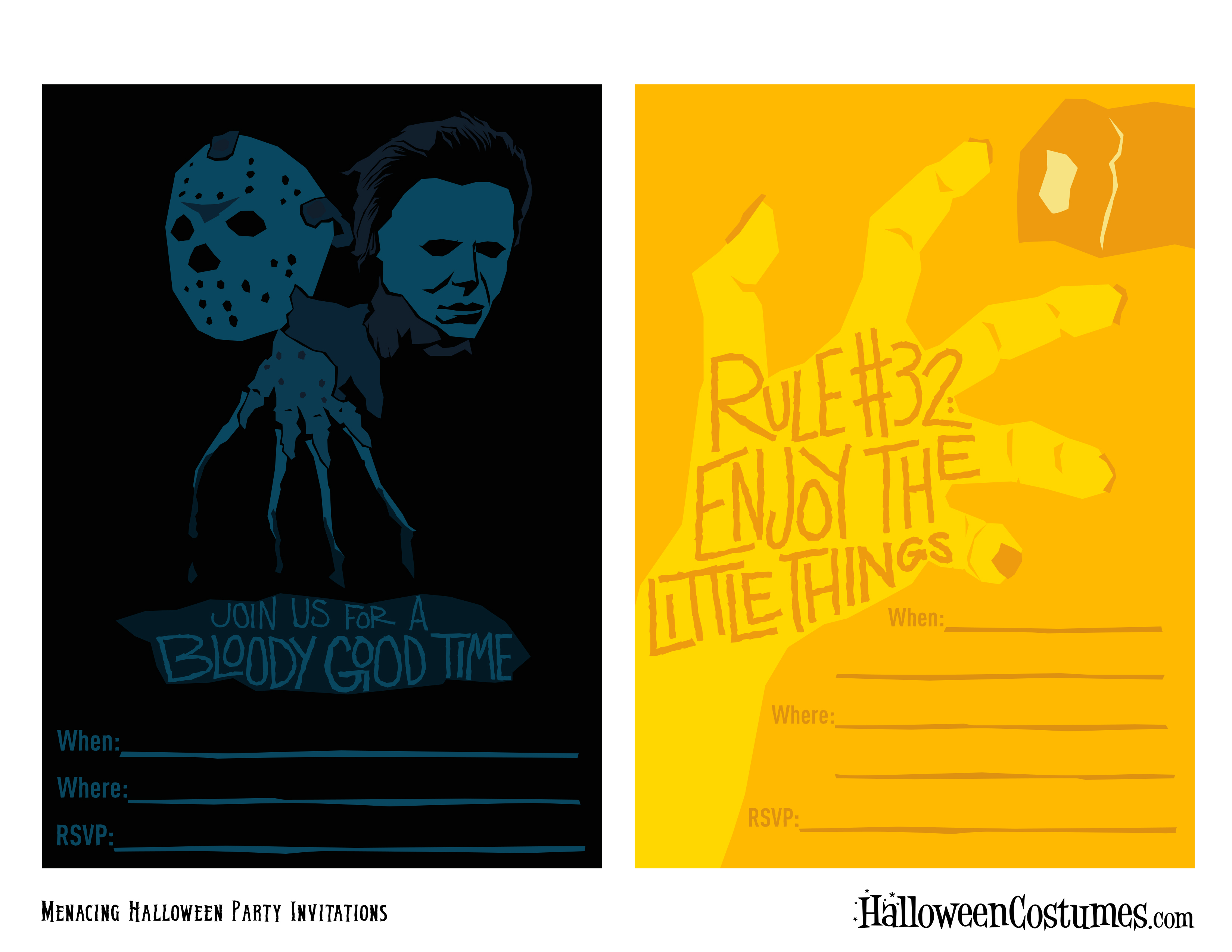 Horror icons (Jason Vorhees, Michael Myers, and Freddy Krueger) and Zombieland 2 party invitations
