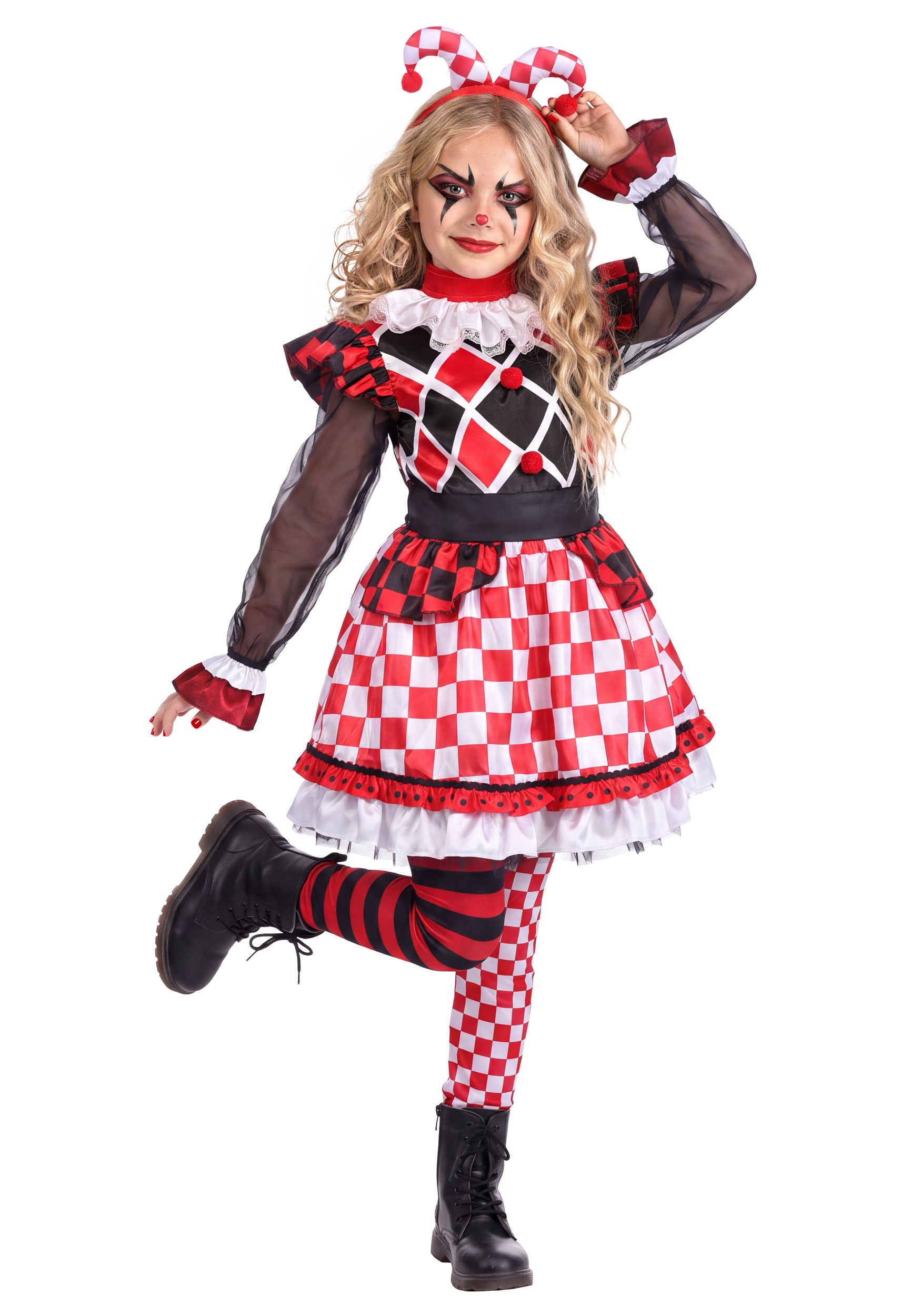 Girl's Red Wicked Jester Costume | Evil Clown Costumes