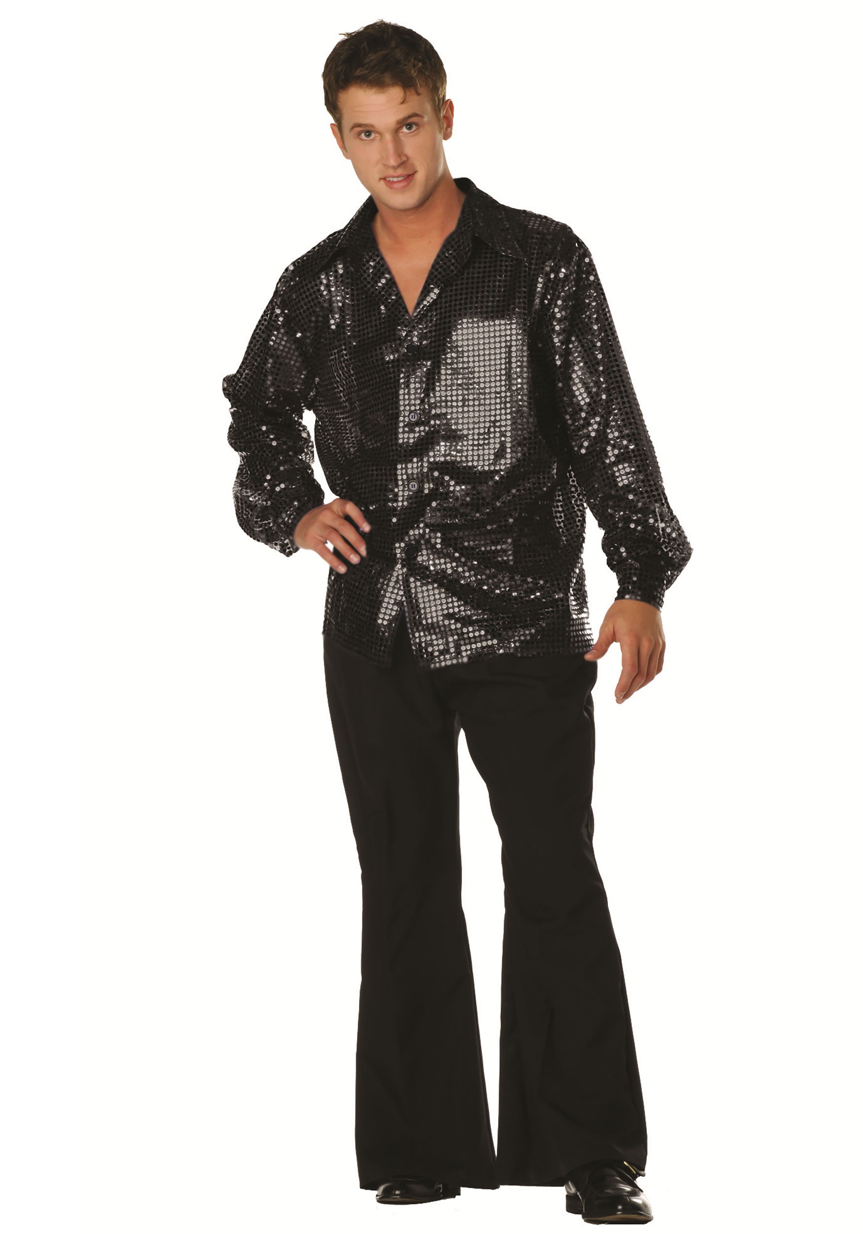 Plus Size 70's Disco Black Inferno Sequin Costume Shirt for Men | Disco Costumes