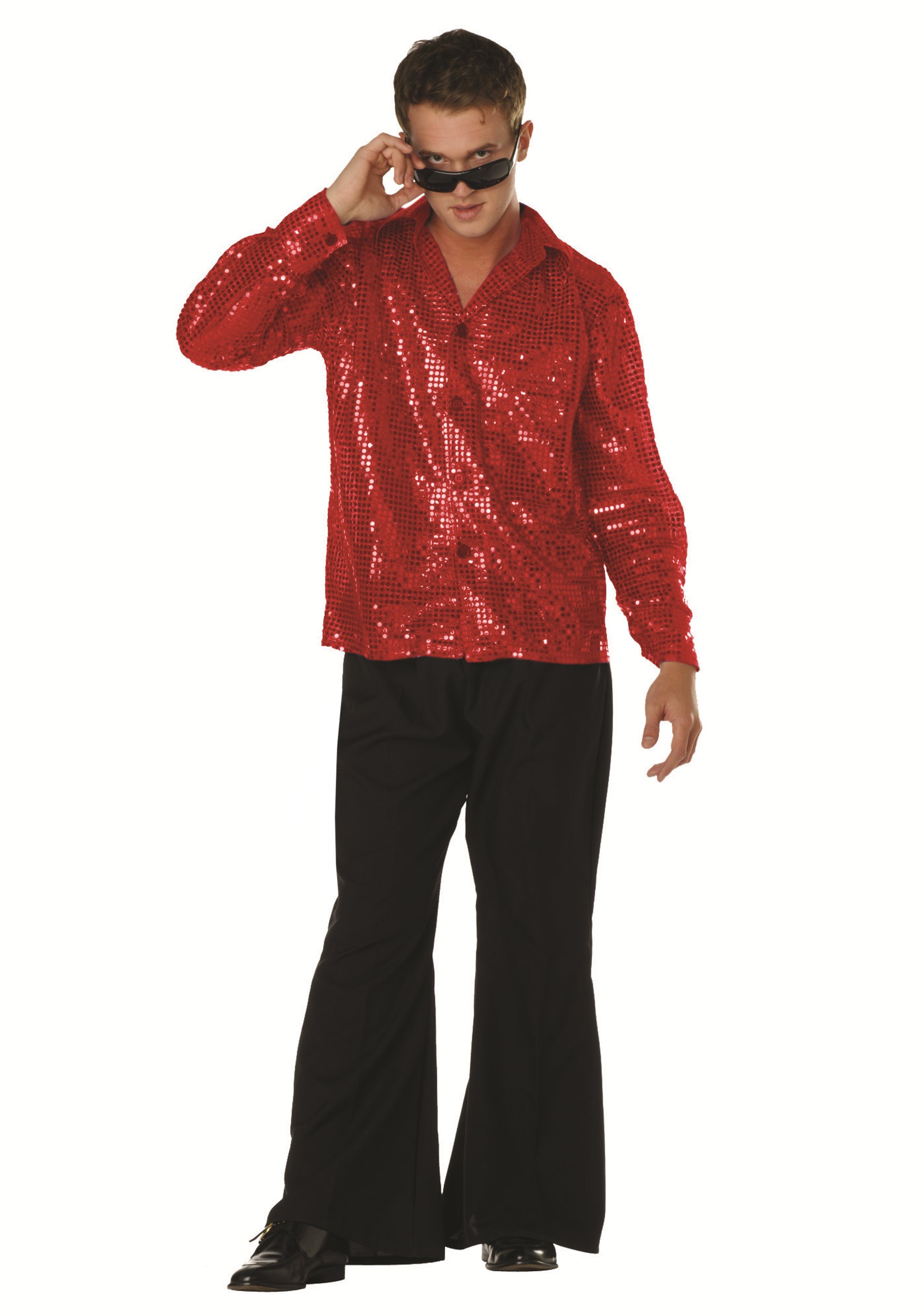 Plus Size 70's Disco Red Inferno Sequin Costume Shirt for Men | Disco Costumes