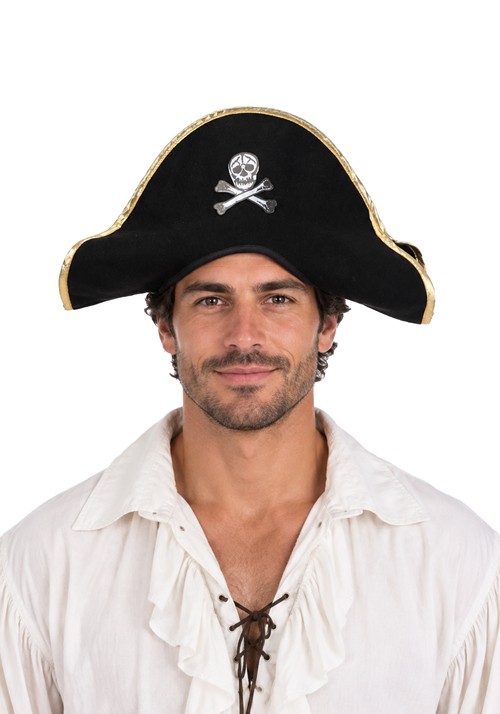 Adult Black Pirate Costume Felt Hat Gold Trim