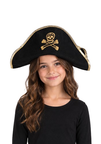 Kids Black Felt Pirate Hat with Gold Trim