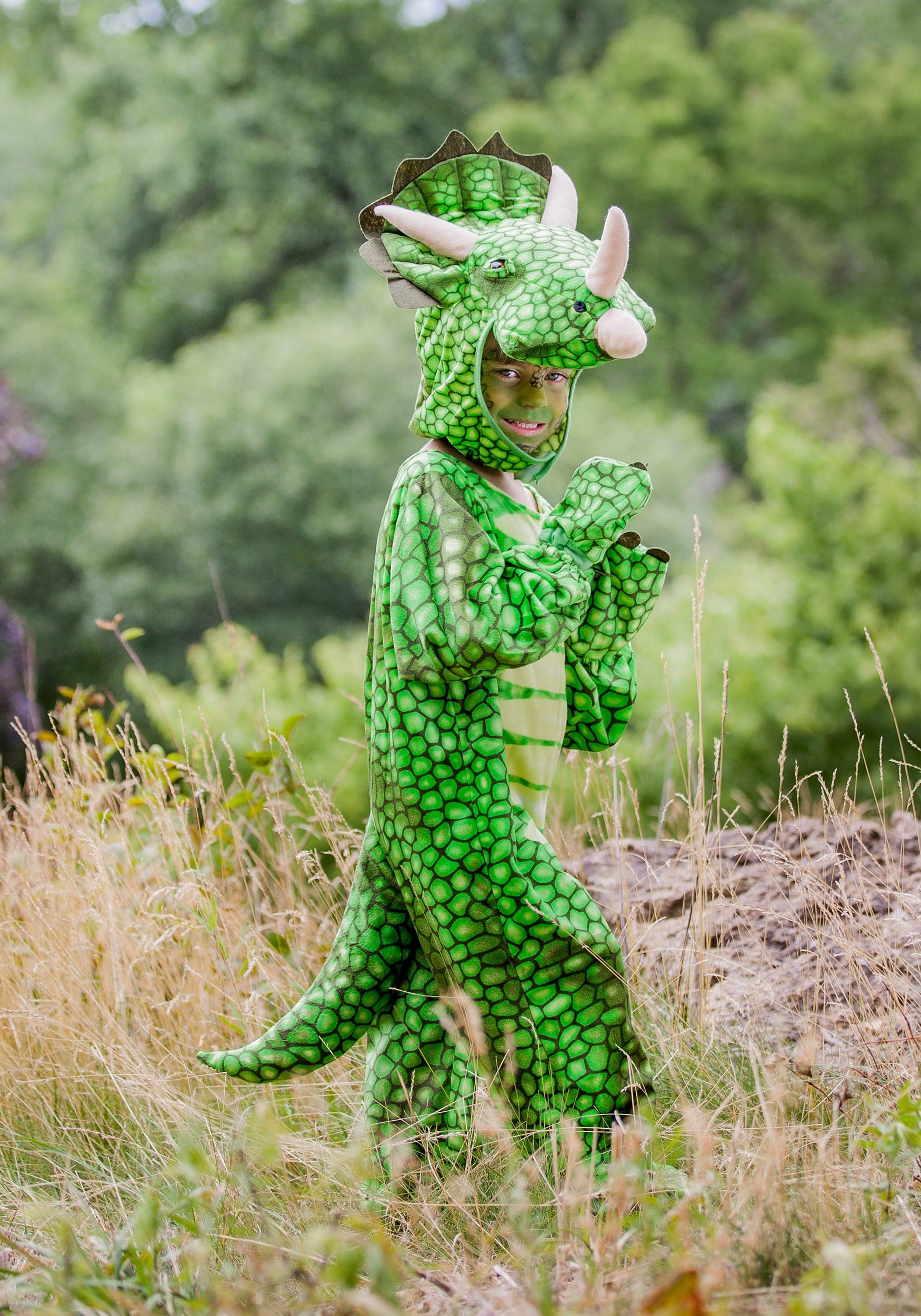 Traje de disfraz de triceratops, mono de dinosaurio verde, disfraz