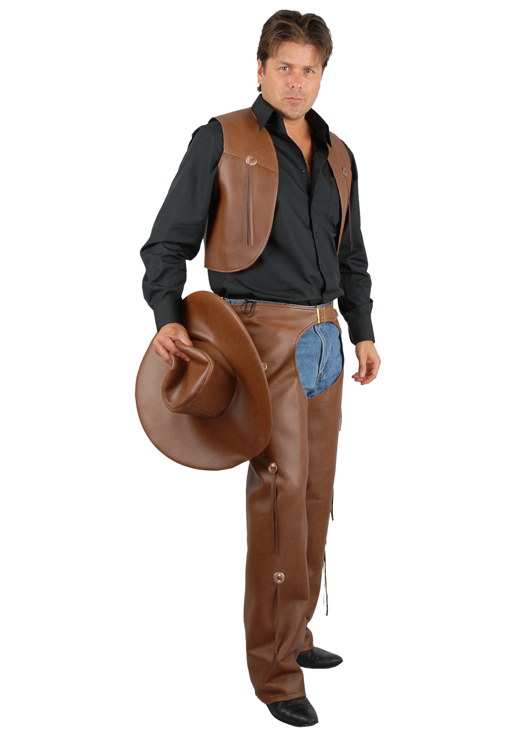 Brown Fringe Cowboy Chaps Hat Wild West Western Mens Adults Fancy Dress Costume 