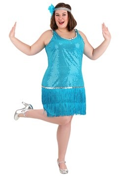 Plus Size Sequin & Fringe Turquoise Flapper Costume new mai