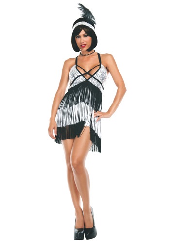 Lady wearing Sexy Silver and black Flapper Costume with feather headband