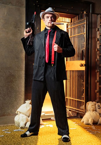 man in a Mob Boss Costume black and white pinstripes with red tie and suspenders