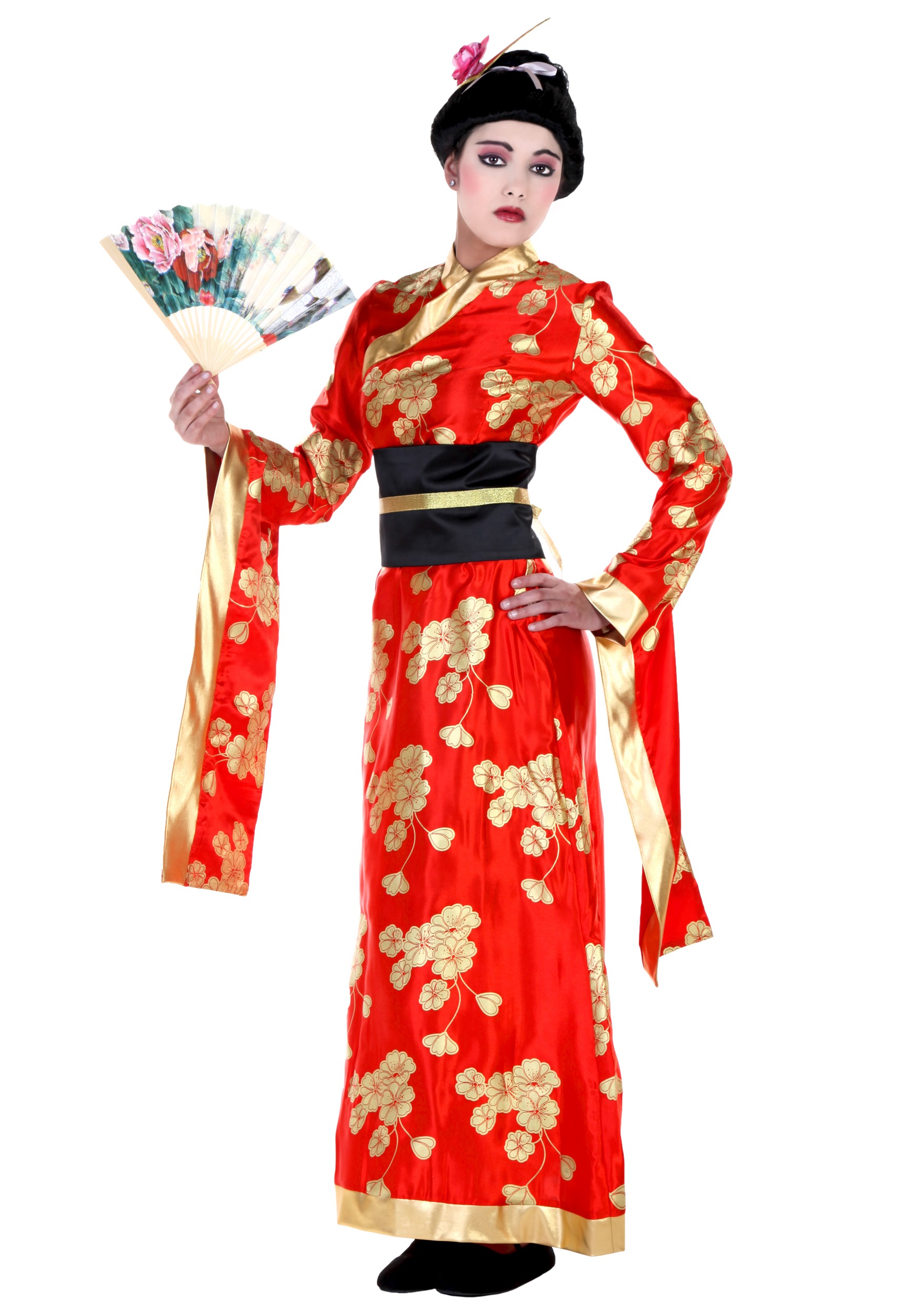 ADULT GEISHA COSTUME includes red dress obi and hair accessory