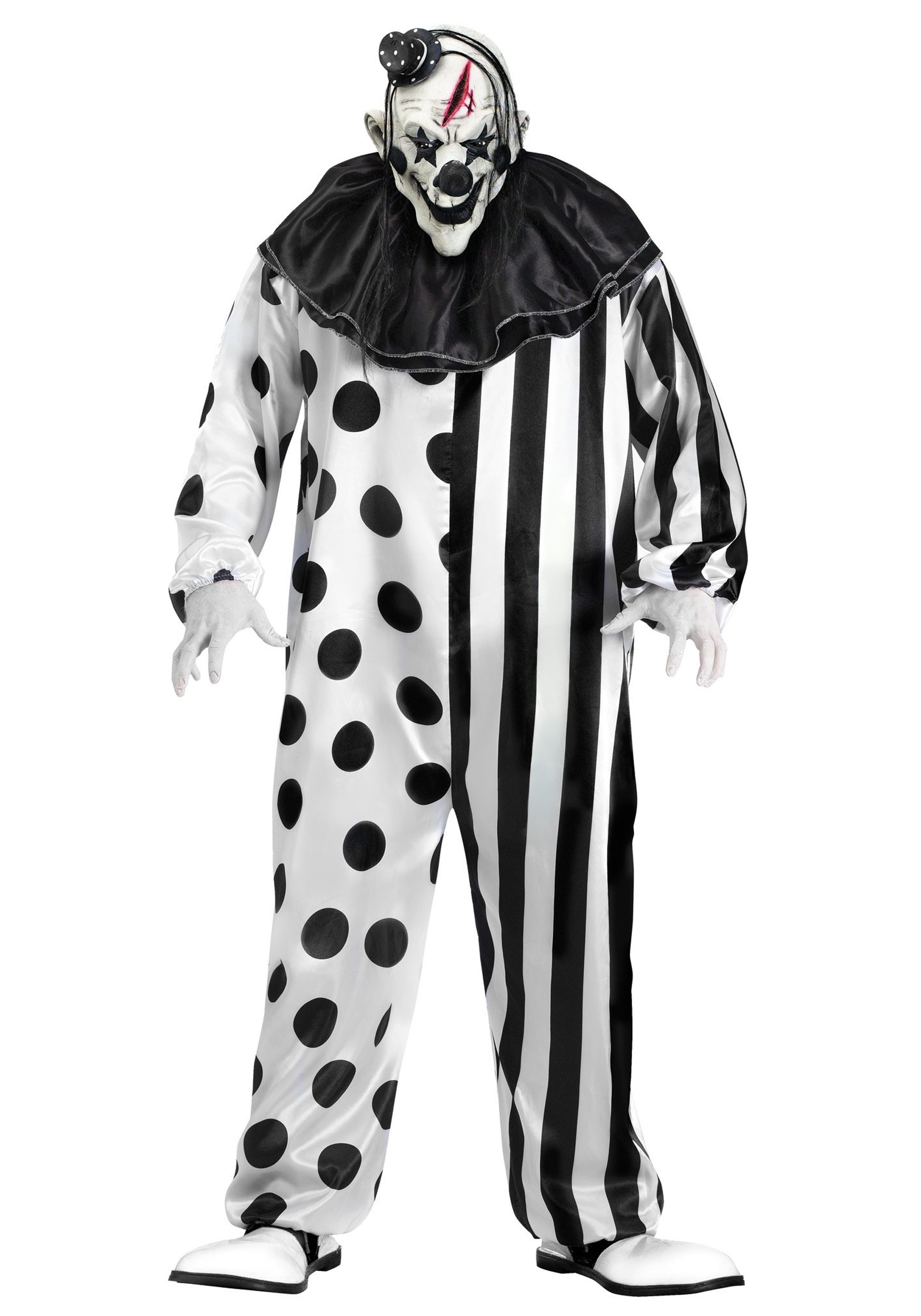 Mens Scary Clown Costume Adult Sinister Evil Jester Halloween Fancy Dress Outfit 