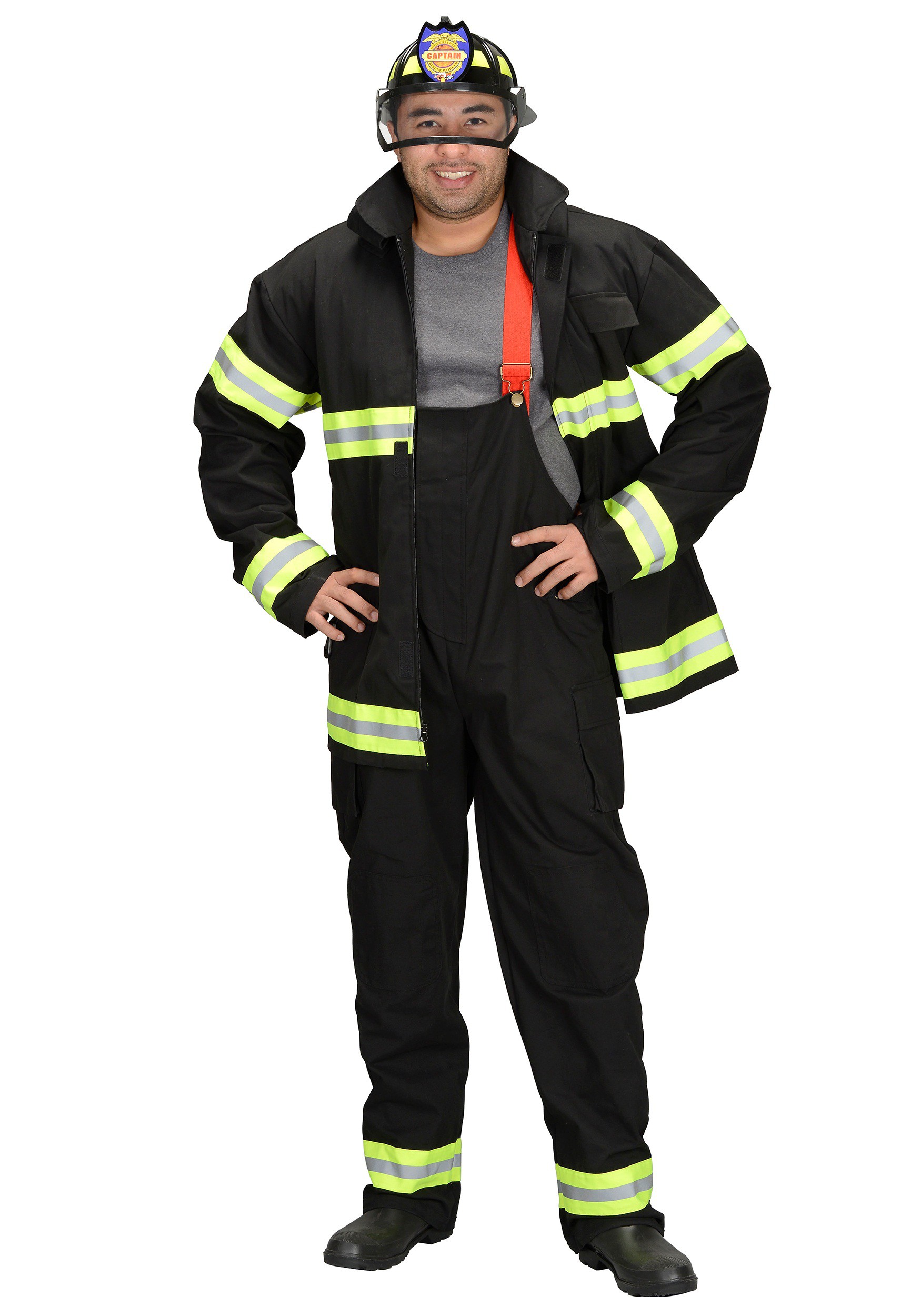 Adult Black Fireman Costume W Helmet 