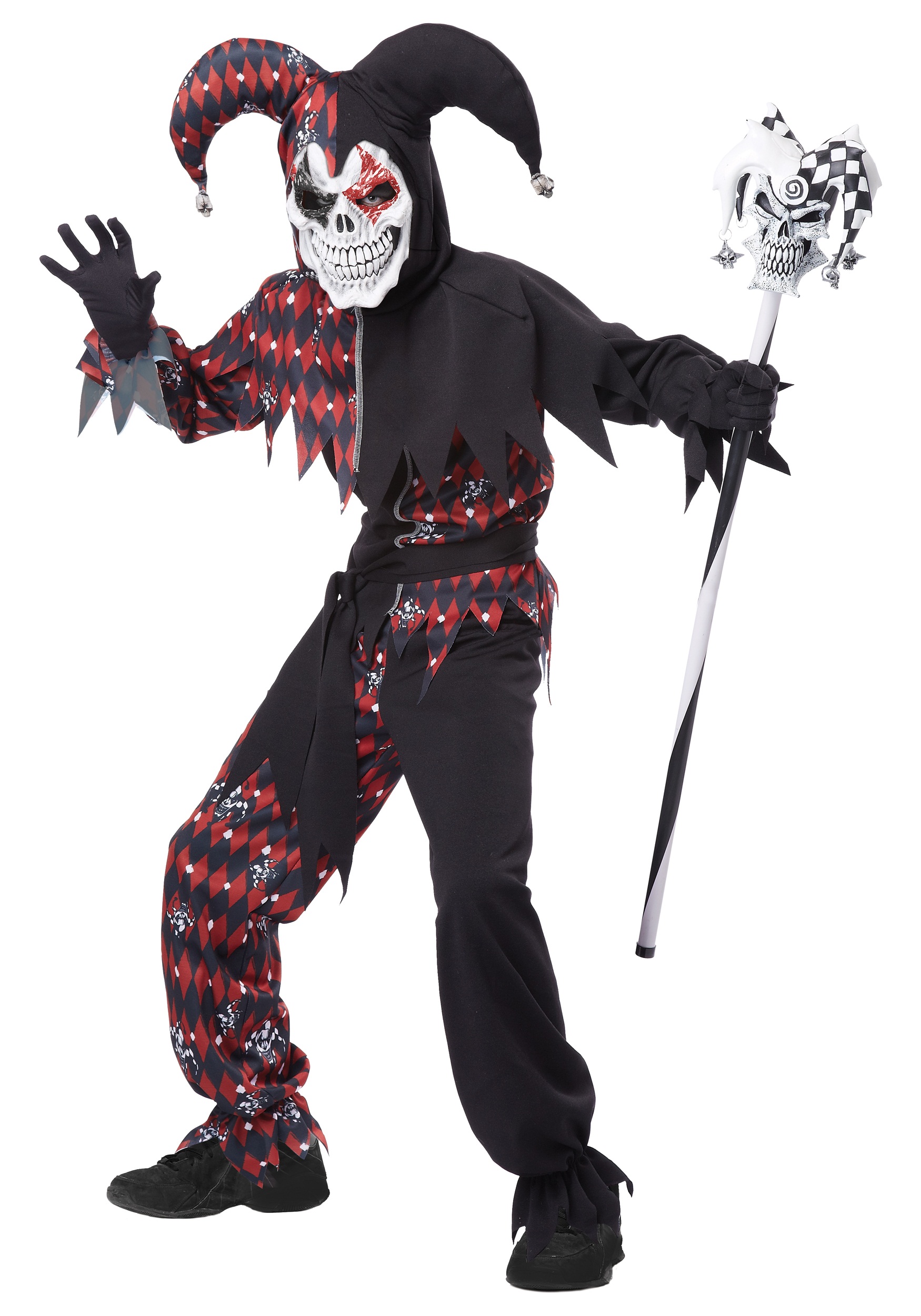 red and black jester costume