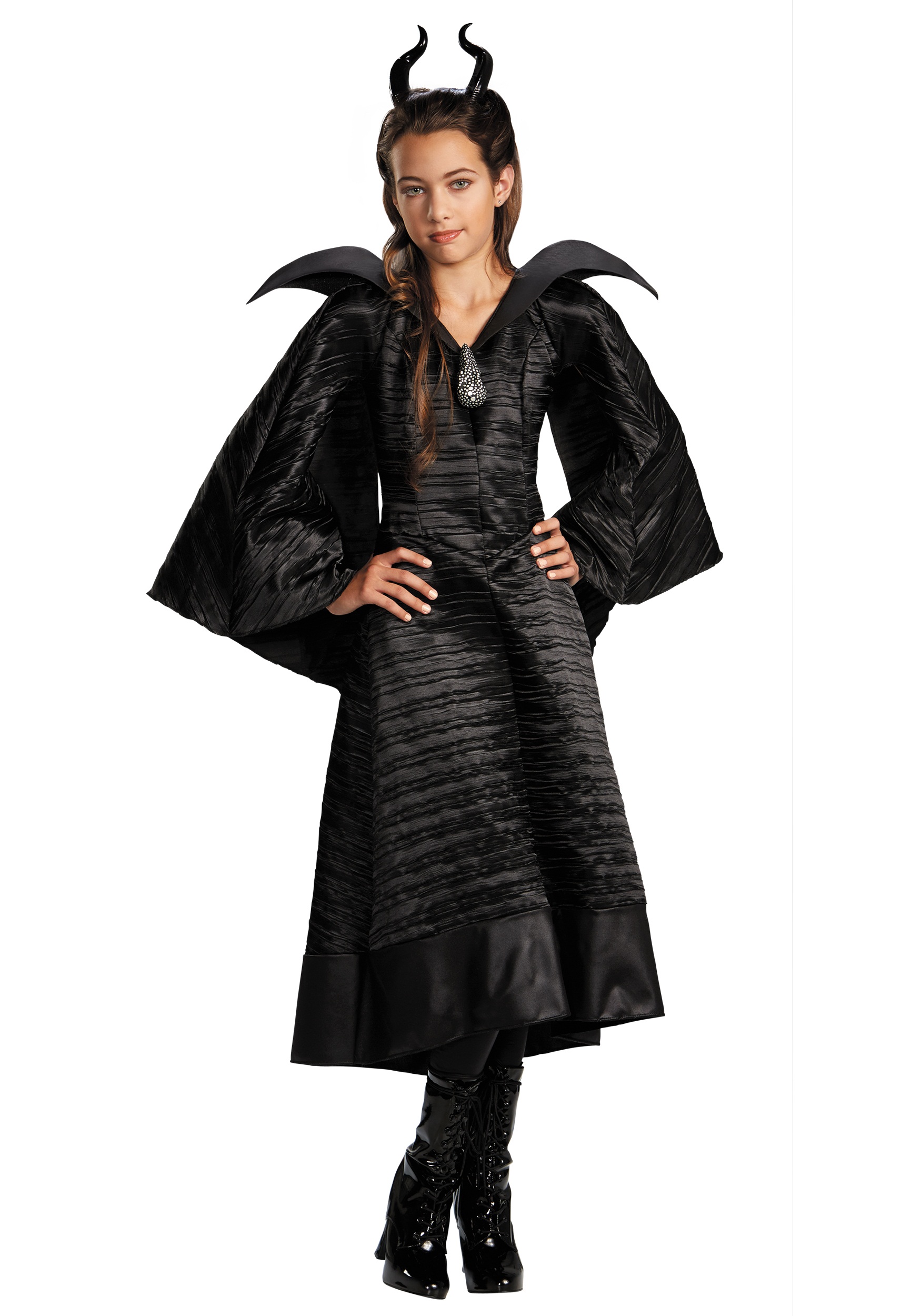GIRLS DELUXE BLACK MALEFICENT CHRISTENING GOWN COSTUME includes Dress Brooch Horn Headband