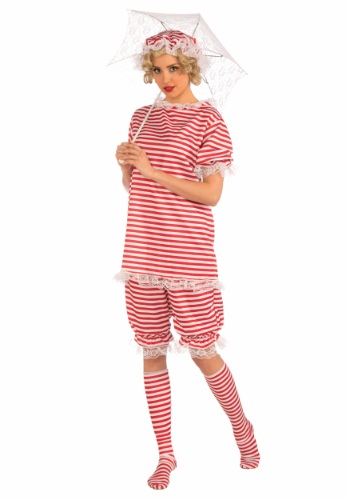 Beachside Betty Costume for Women - a woman holding an umbrella and wearing a red and white striped beachwear