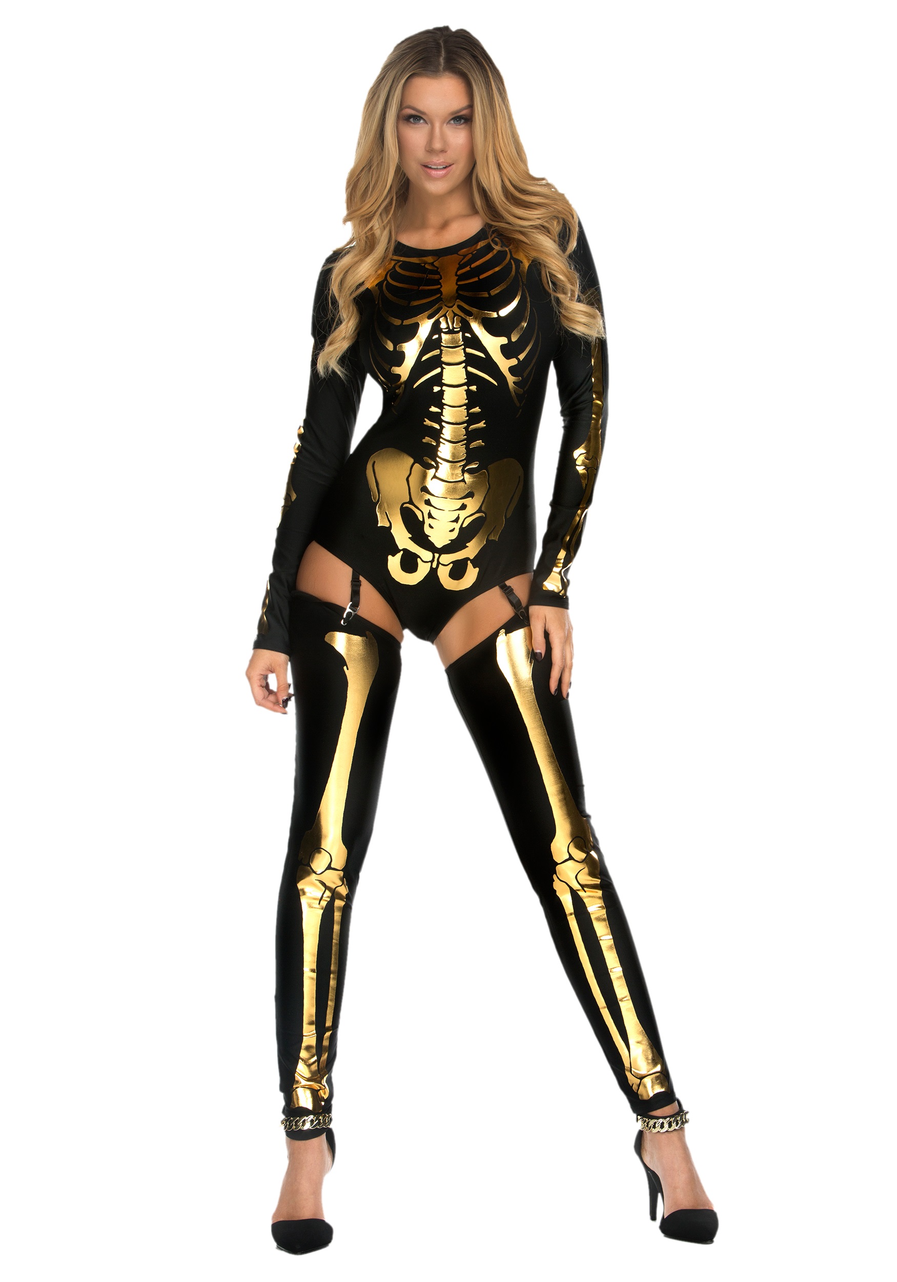 Womens Gold Skeleton Bodysuit Golden Skeleton Halloween Costume