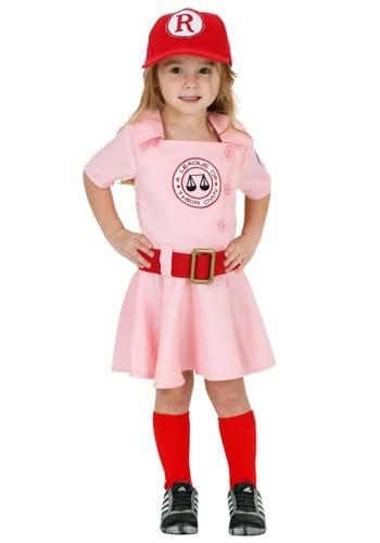 Toddler A League of Their Own Dottie Costume in pink with matching red hat, belt, and socks