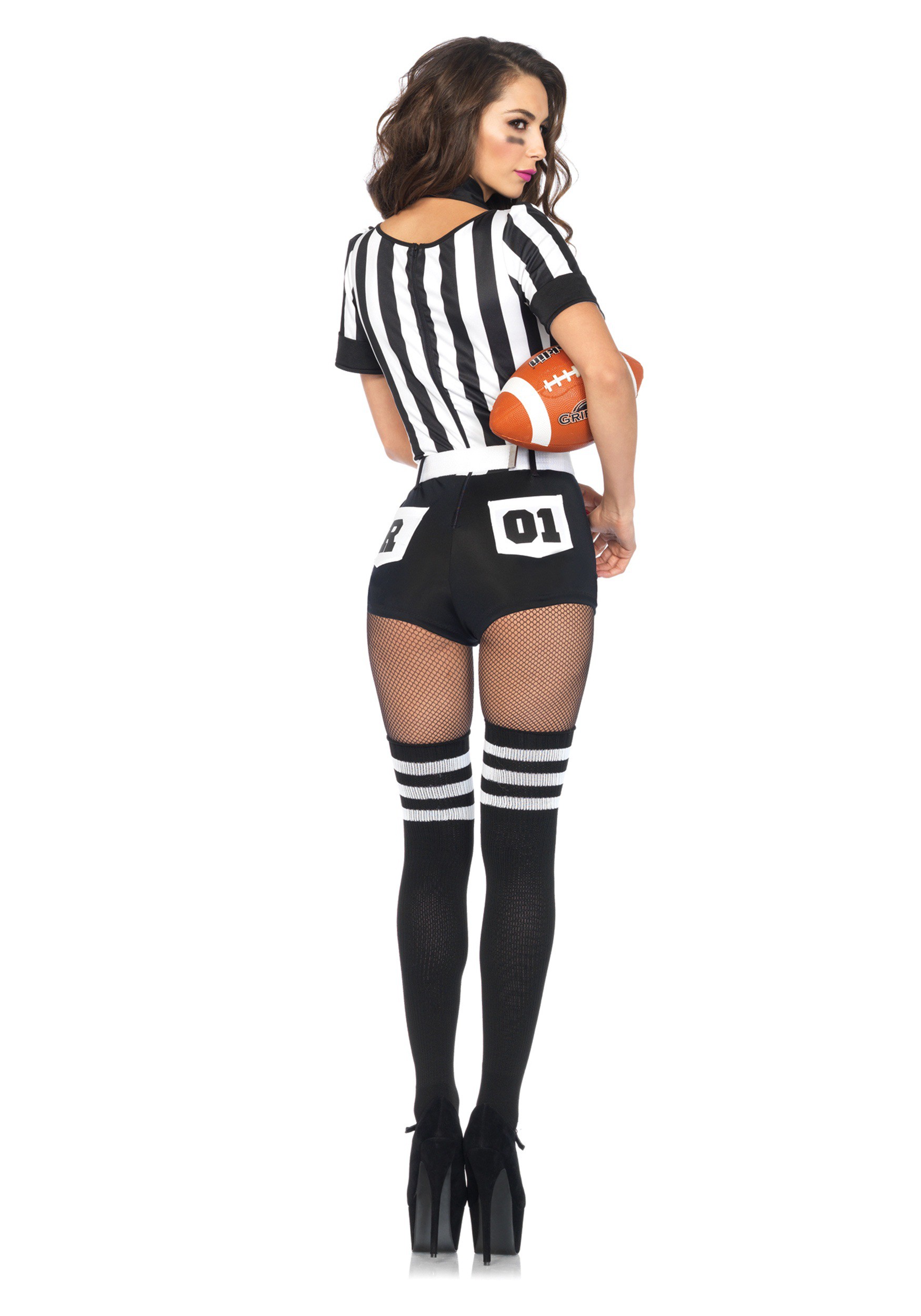 Newcotte 4 Pcs Halloween Women Baseball Player Costume, Red Referee Hat Blue Short Pants Striped Shirt Stocking for Cosplay