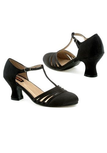 A pair of black strappy thick-heeled ladies shoes for a flapper costume 