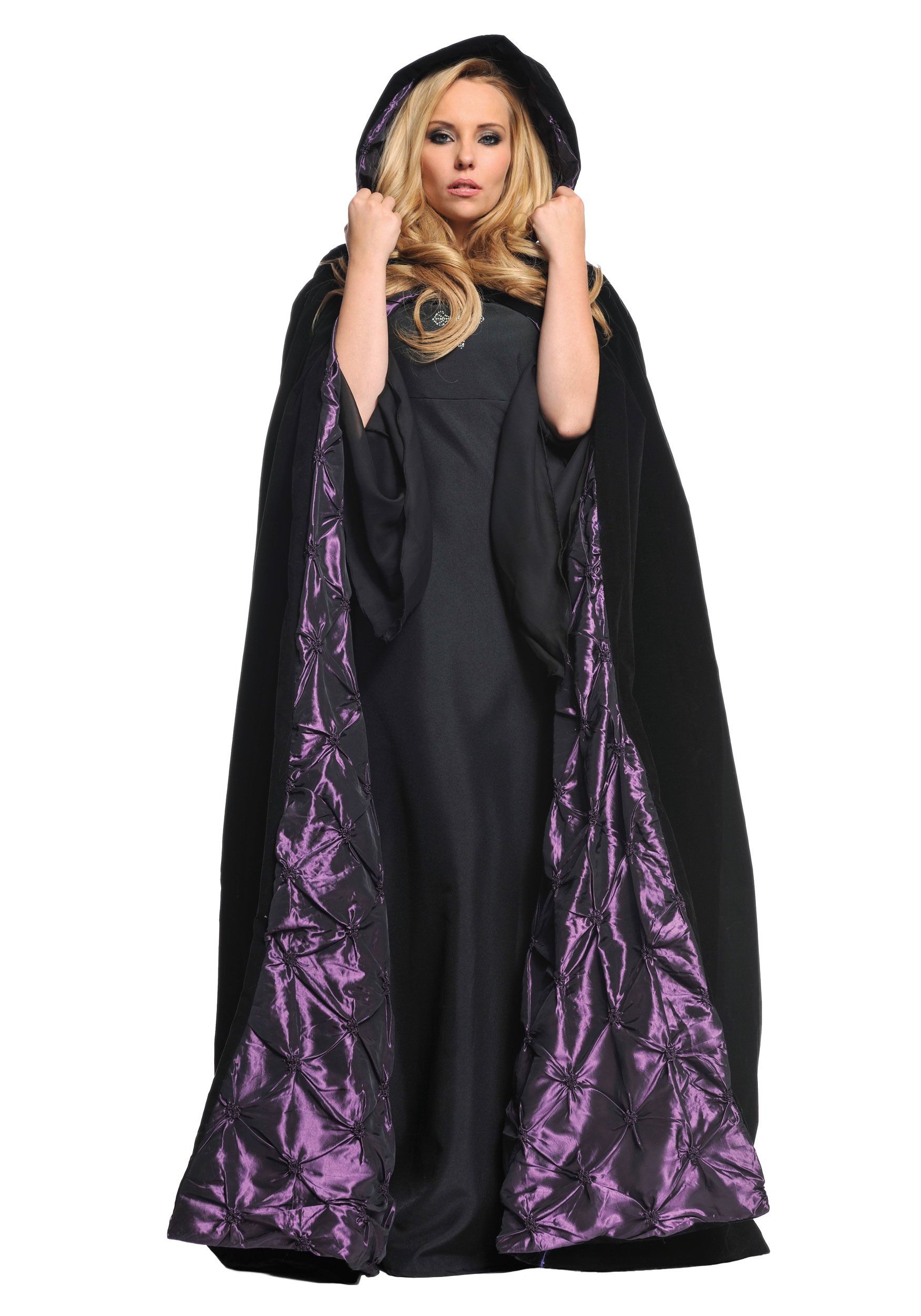 Deluxe Long Black Velvet Pintucked Purple Satin Lined Hooded Cloak