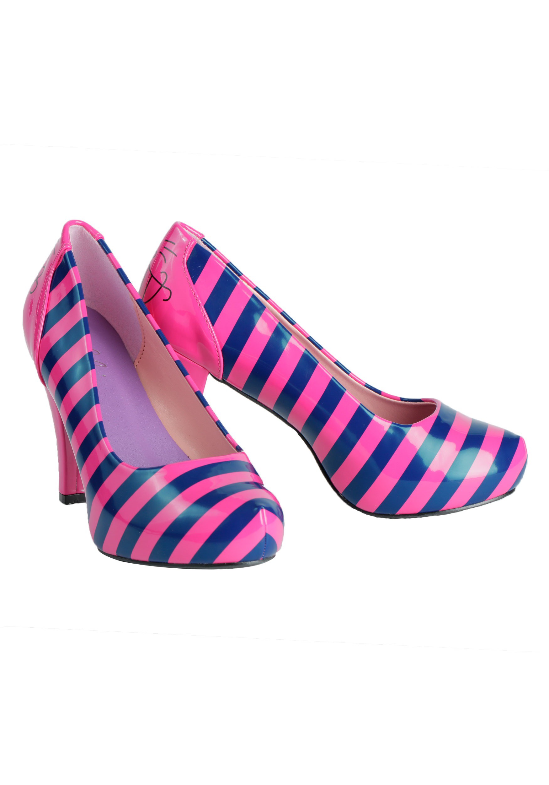 Womens Sexy Cheshire Cat Pink & Purple Striped High Heel Costume Shoes