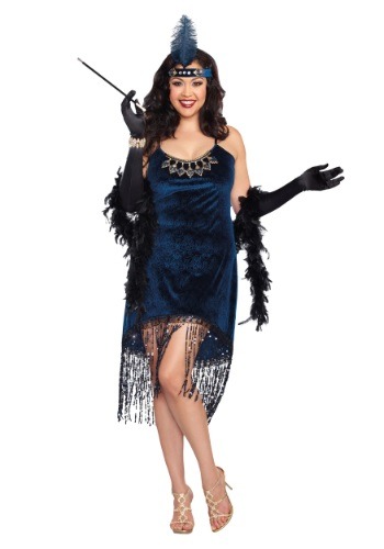 Womens Plus Size blue 1920s Costume with matching feather boa and headband