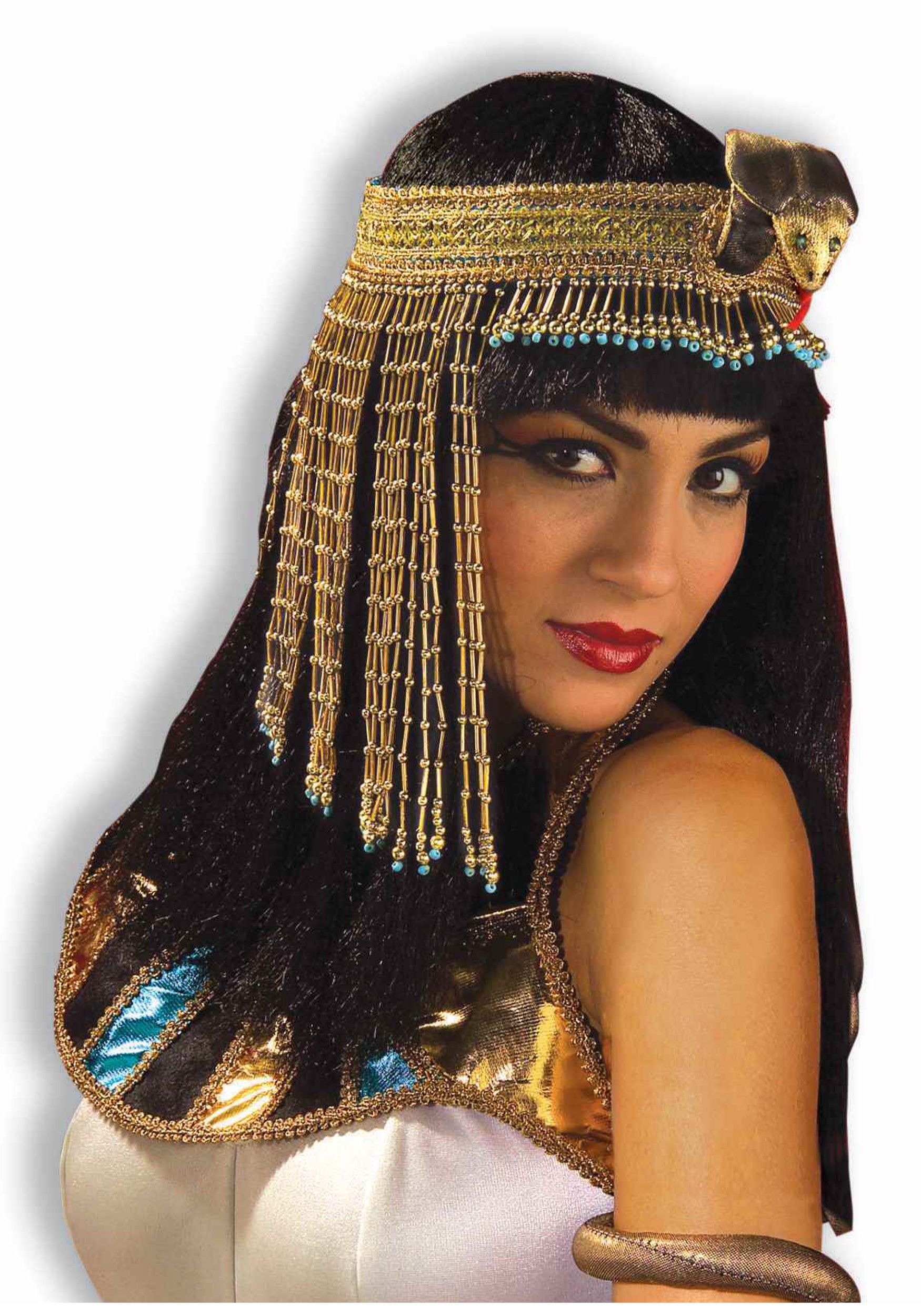 Ladies Queen Cleopatra Egyptian Goddess Fancy Dress Halloween Costume & Headband 