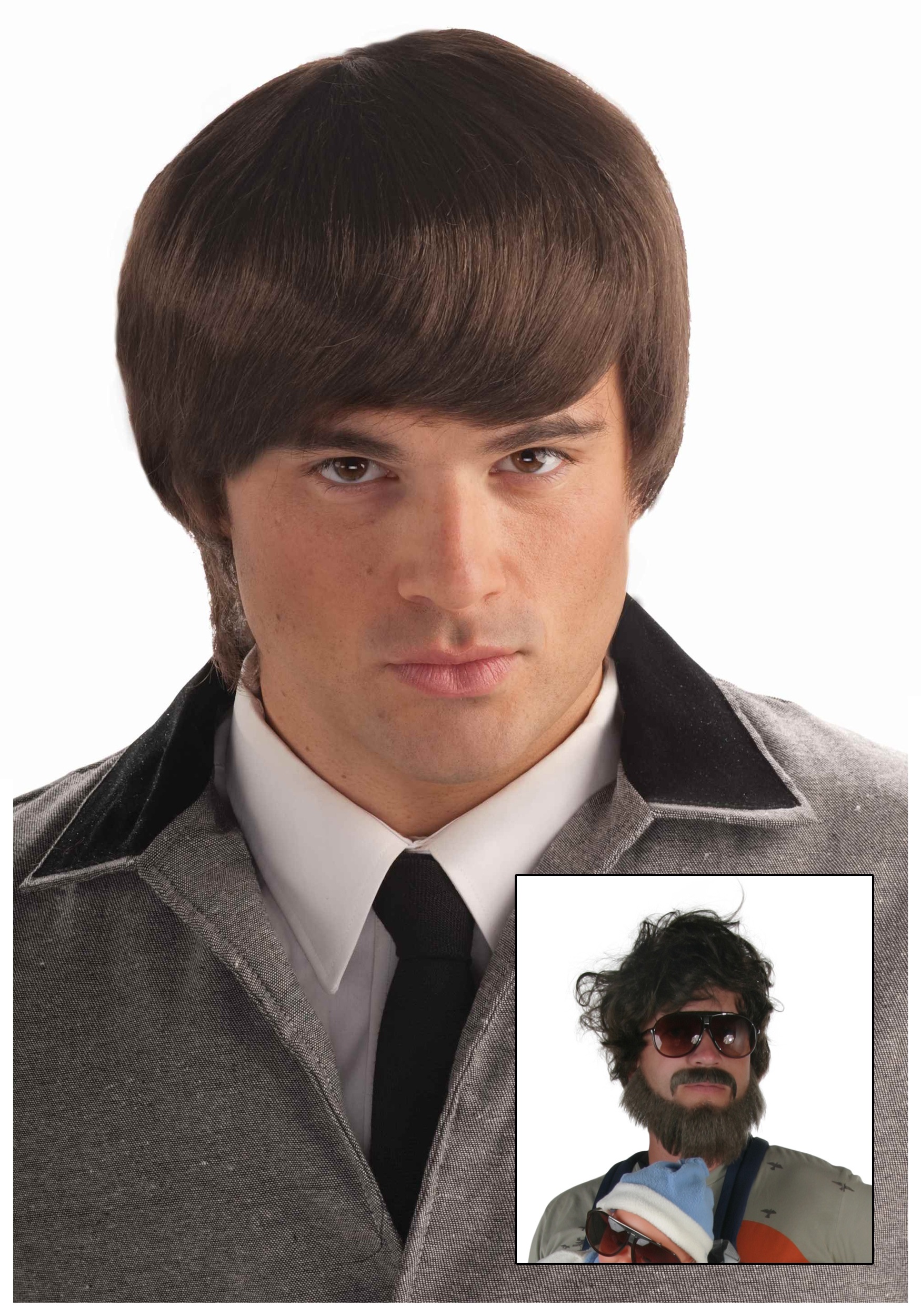 Mens 60s Pop Wig Adults Rock Band Music Brown Hair Costume Accessory 