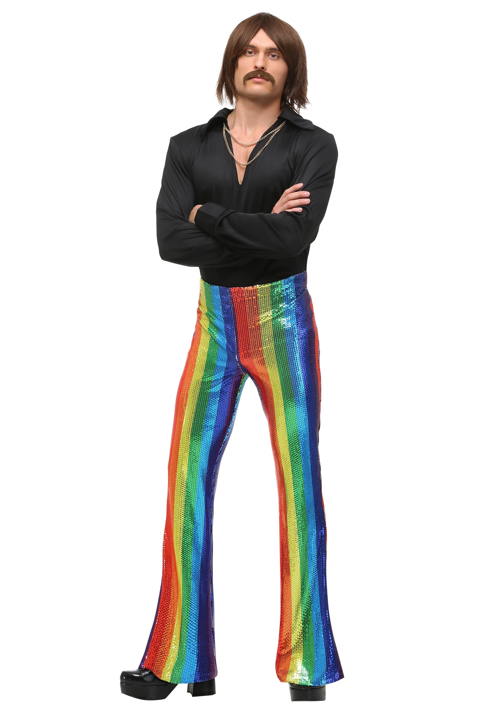Men's Disco King Costume w/ 70s Sequin Rainbow Pants