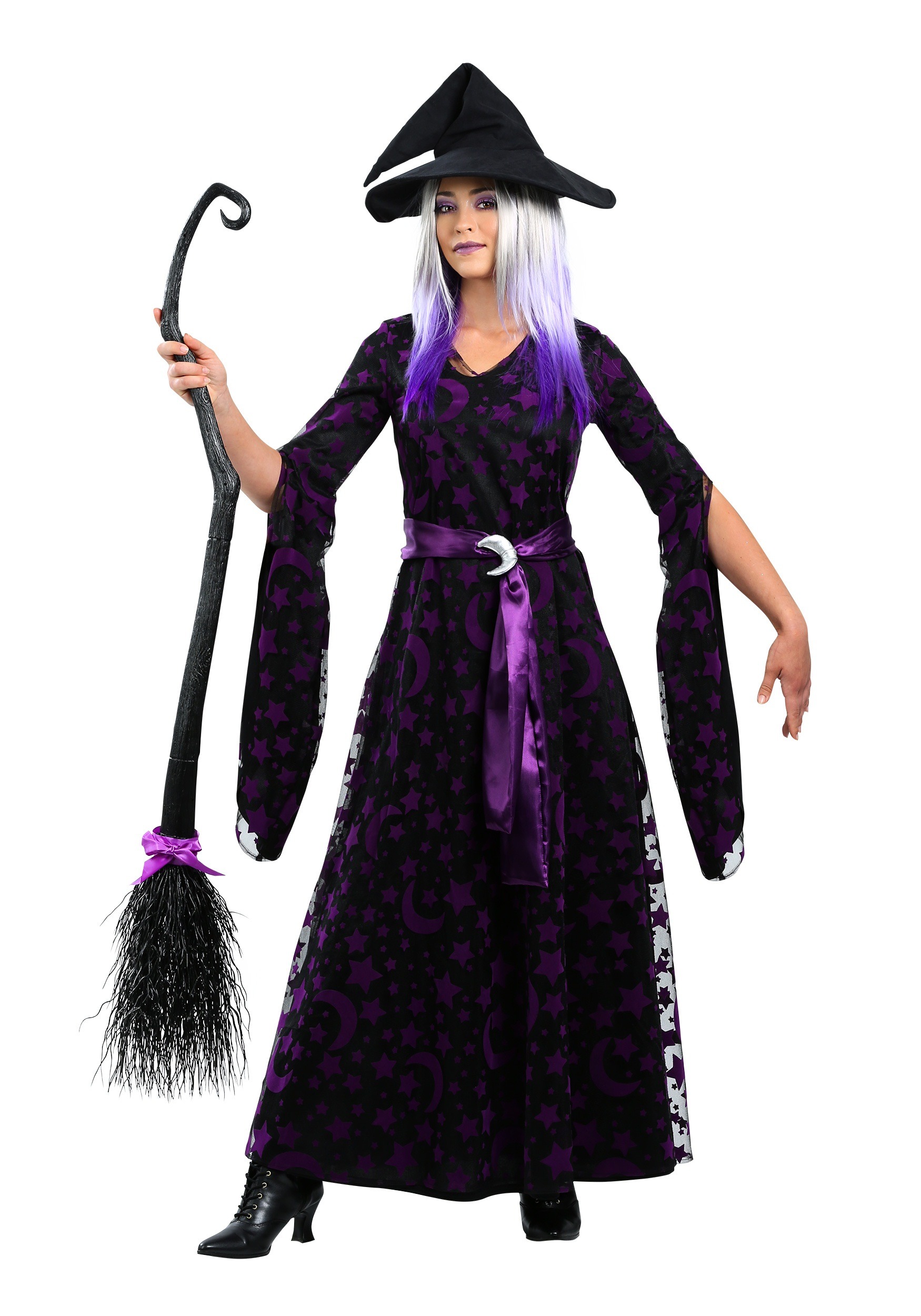 Lady Witch Dress Sorceress Costume with Witch Hat for Halloween