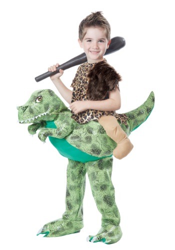 man riding dinosaur costume