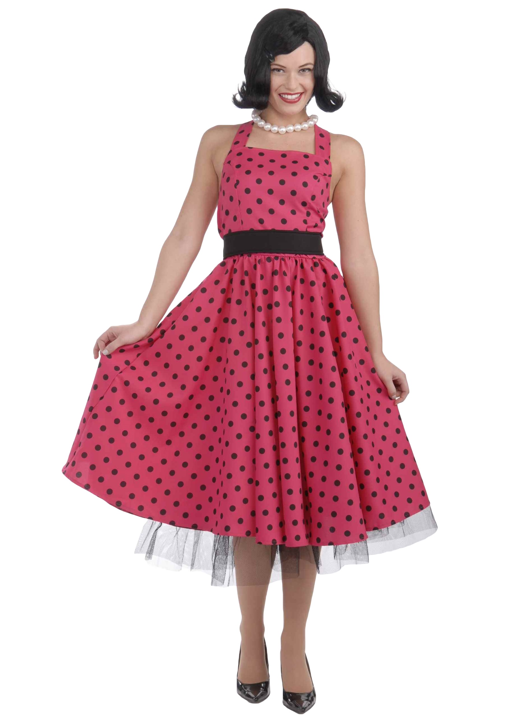 pink dress with black polka dots